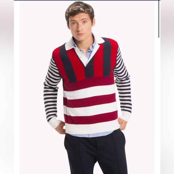 Tommy Hilfiger Stripe Long Sleeve Polo Jumper Sweater Preppy Rugby Collegiate - Picture 1 of 14